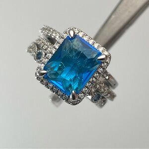 Beautiful Statement 3 Band Radiant Cut Bright Blue Diamond CZ Silver Plated Ring